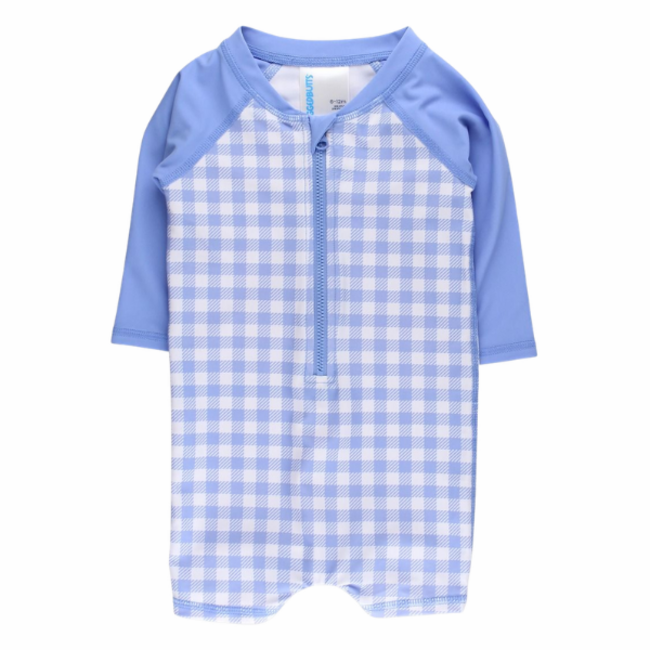 Ruffle Butts Periwinkle Blue Gingham LS One Piece Rash Guard