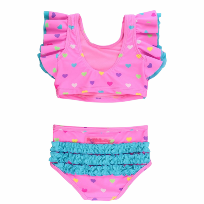 Ruffle Butts Neon Pink Colorful Hearts Butterfly Tankini 2 Piece Swimsuit | Rear Ruffles
