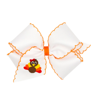 Wee Ones King Turkey Bow | White w/ Orange Moonstitch