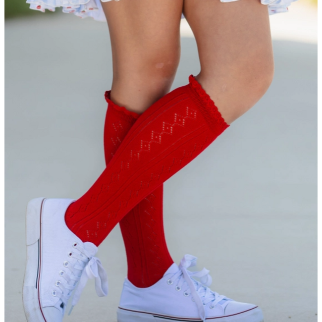 Little Stocking Co. Bright Red Fancy Lace Top Knee High Socks