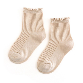 Little Stocking Co. Ribbed Lettuce Trim Midi Socks | Vanilla