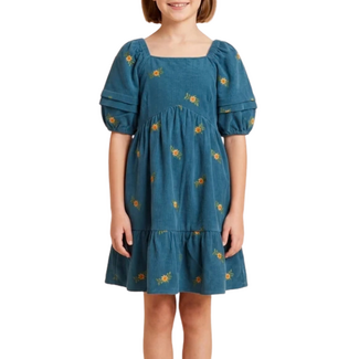 Hayden Girls Floral Embroidered Corduroy Pleated Sleeve Dress