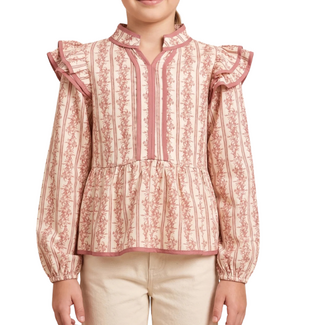 Hayden Girls Floral Vine Stripe Ruffled Shoulder Mauve Top