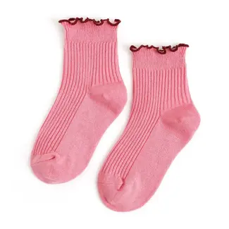 Little Stocking Co. Ribbed Lettuce Trim Midi Socks - Pink/Burgundy