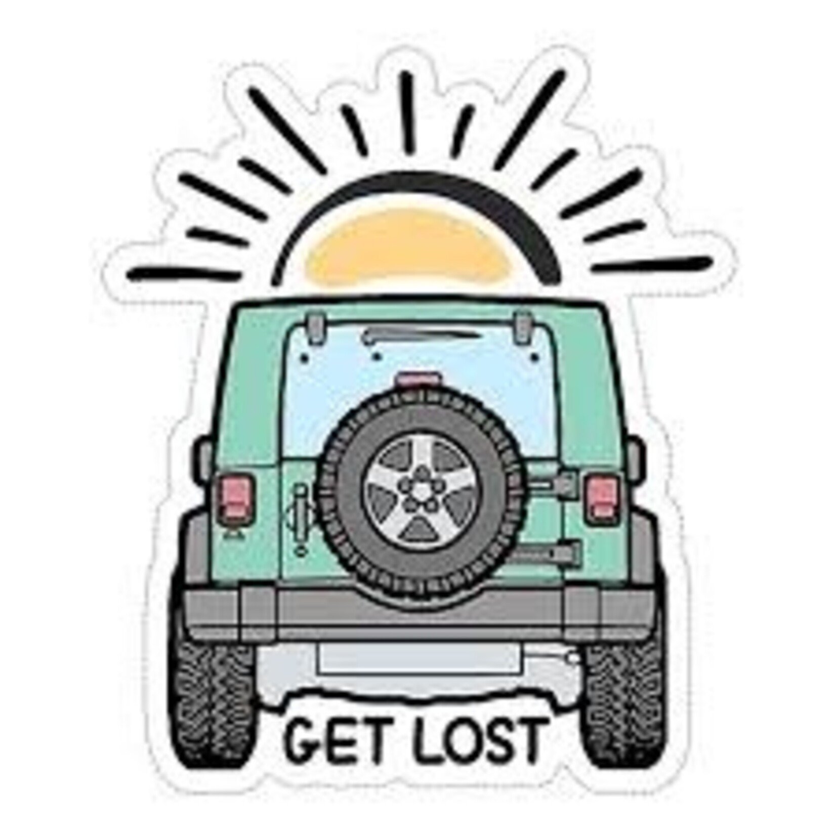 Sticker Cabana Get Lost. Teal Jeep Driving Towards Sun