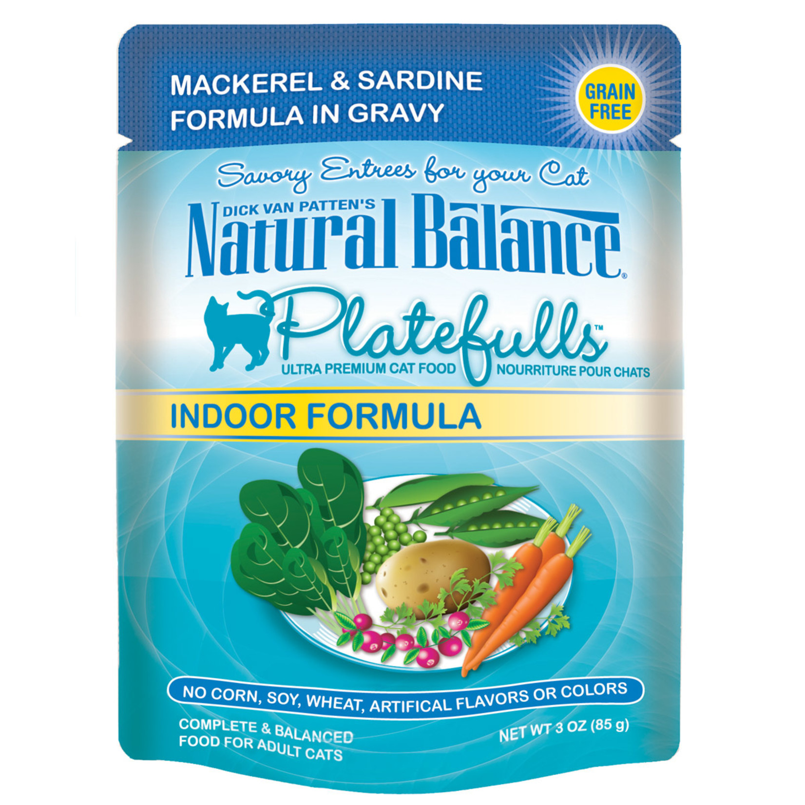 NATURAL BALANCE CAT PLATEFULLS INDOOR MACKEREL SARDINE GRAVY POUCH 3OZ