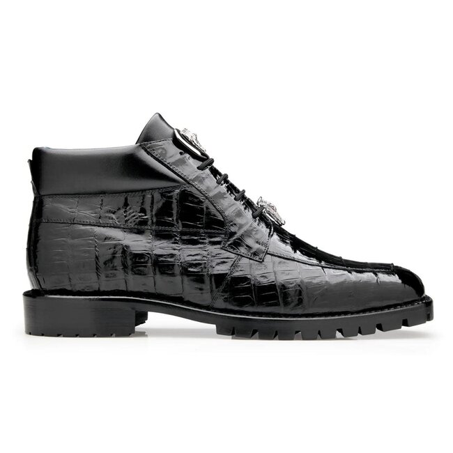 Belvedere "Gallardo" Black Genuine Crocodile Tractor Sole Ankle Boots,