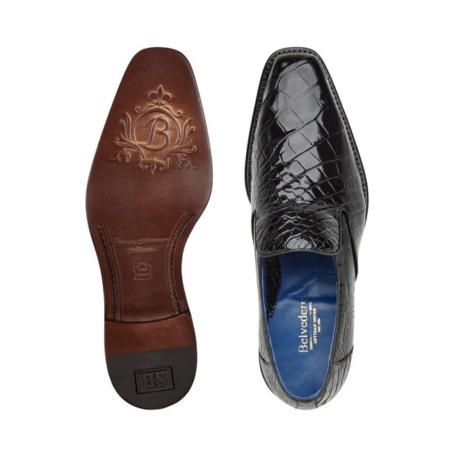 BELVEDERE GENOVA R53 MEN'S DESIGNER SHOES BLACK EXOTIC ALLIGATOR SLIP-ON LOAFERS (BV3099)