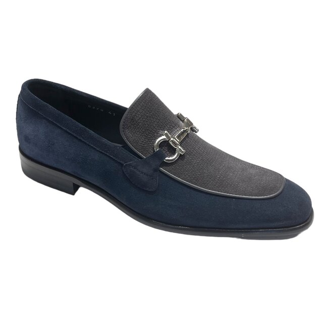Corrente Navy/Grey Suede Horse Bit Buckle Loafers for Men