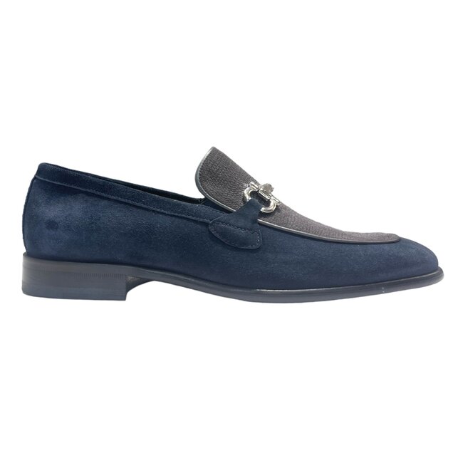 Corrente Navy/Grey Suede Horse Bit Buckle Loafers for Men