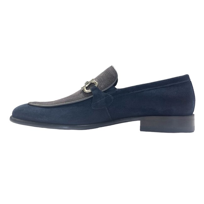 Corrente Navy/Grey Suede Horse Bit Buckle Loafers for Men