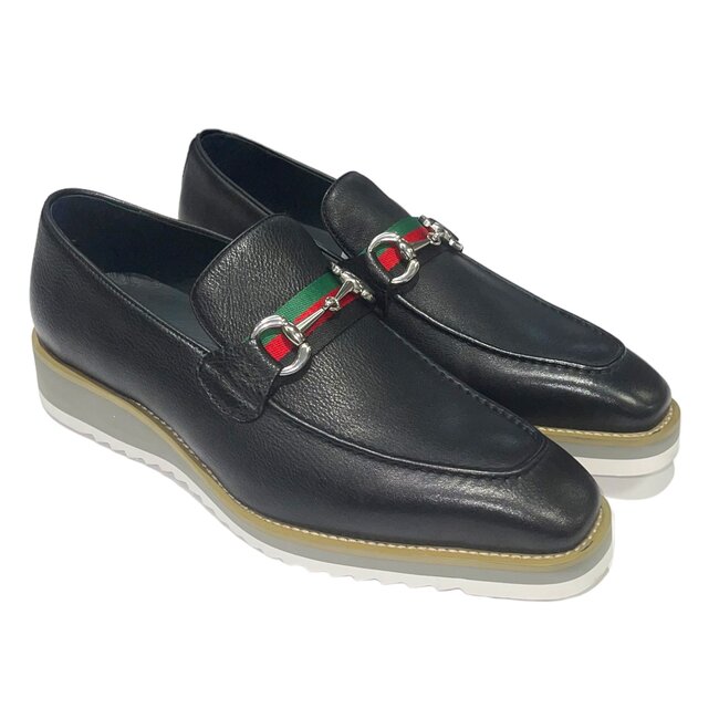 Carrucci Loafer Black Leather Men's Slip On Silver Buckle