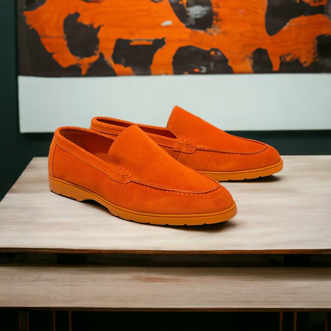 Orange Safety Sigotto Calfskin Suede Leather Loafers