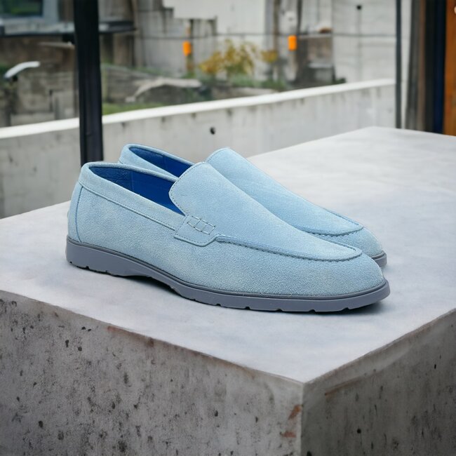 Light Blue Sigotto Calfskin Suede Leather Loafers