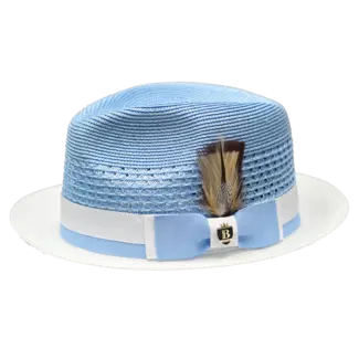 Bruno Capelo Belvedere Collection 2-Tone Straw Fedora Hat Snap Brim (Light/Blue/White)