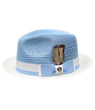 Bruno Capelo Belvedere Collection 2-Tone Straw Fedora Hat Snap Brim (Light/Blue/White)