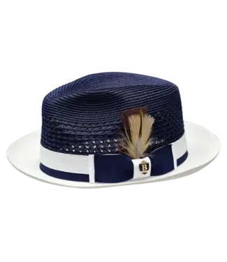 Bruno Capelo Belvedere Collection 2-Tone Straw Fedora Hat Snap Brim (Navy/White)