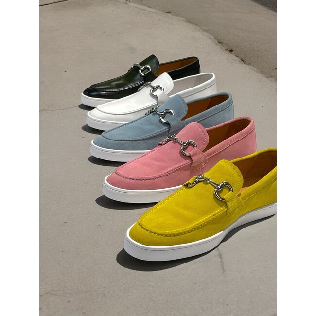 Suede Slip-On Silver Horsebit Buckle Sneaker Pink