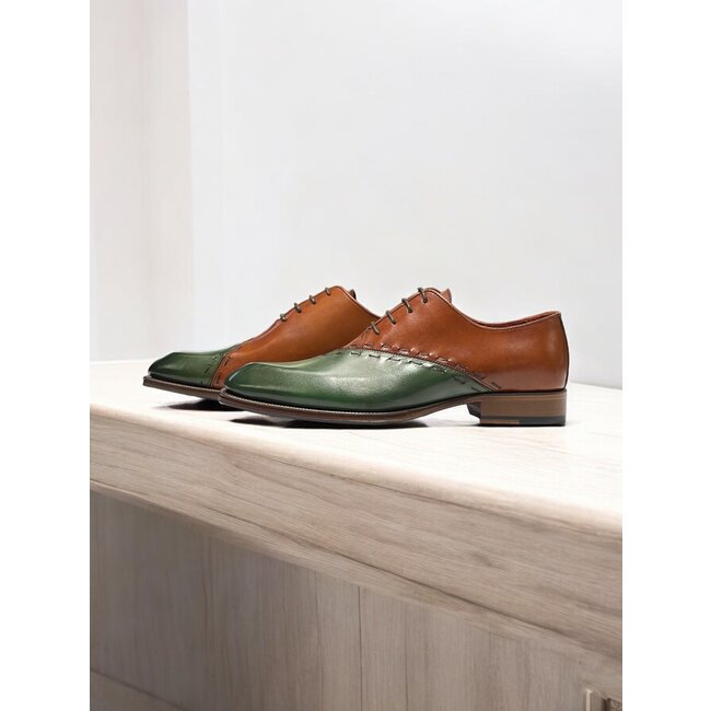 EMILIO FRANCO "ARISTIDE" MEN'S SHOES GREEN/BROWN CALF-SKIN LEATHER OXFORDS