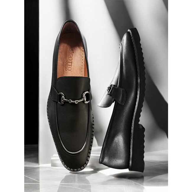 Men's Loafer Black Calf-Skin Leather Horse-Bit Soft-Sole