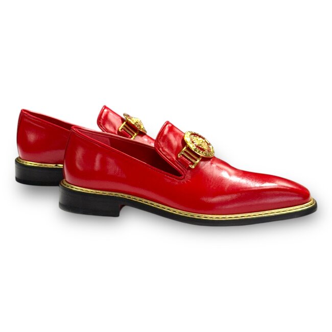 Emilio Franco Emilio Franco EF102 Men's Shoes Red Calf-Skin Leather Formal Loafers ( Material: Calf-Skin Leather Color: Red/Gold Hardware: Gold with Enamel Style: EF102 Calf Sole: Leather Construction: Blake Construction Made In Italy