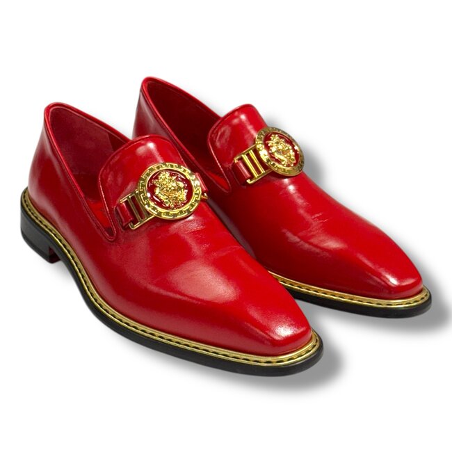 Emilio Franco Emilio Franco EF102 Men's Shoes Red Calf-Skin Leather Formal Loafers ( Material: Calf-Skin Leather Color: Red/Gold Hardware: Gold with Enamel Style: EF102 Calf Sole: Leather Construction: Blake Construction Made In Italy