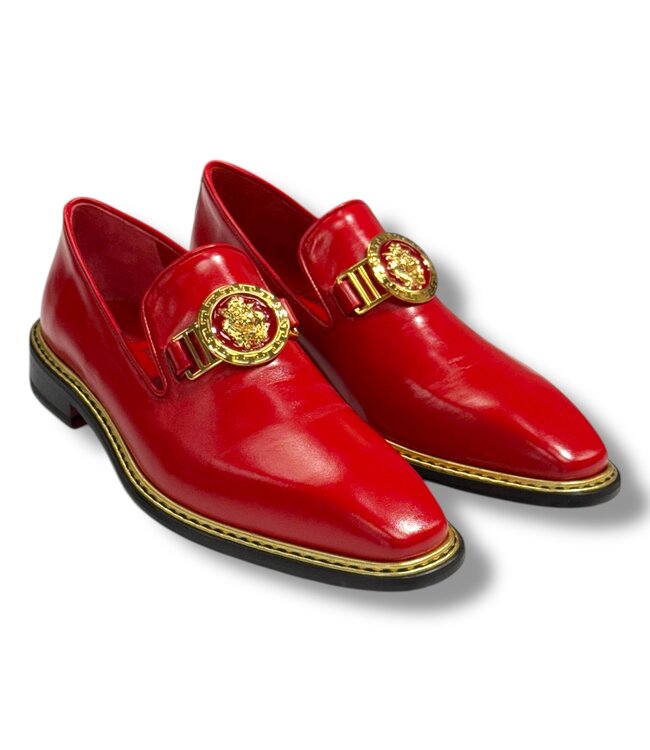 Emilio Franco Emilio Franco EF102 Men's Shoes Red Calf-Skin Leather Formal Loafers ( Material: Calf-Skin Leather Color: Red/Gold Hardware: Gold with Enamel Style: EF102 Calf Sole: Leather Construction: Blake Construction Made In Italy