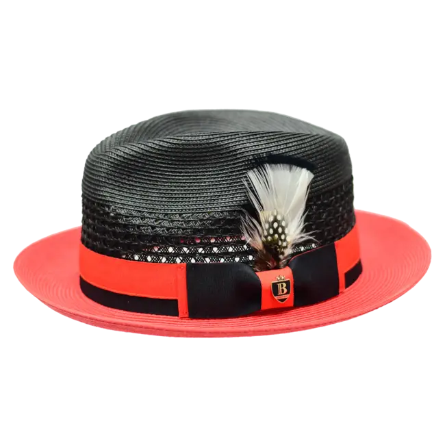 Bruno Capelo Belvedere Collection 2-Tone Straw Fedora Black&Red