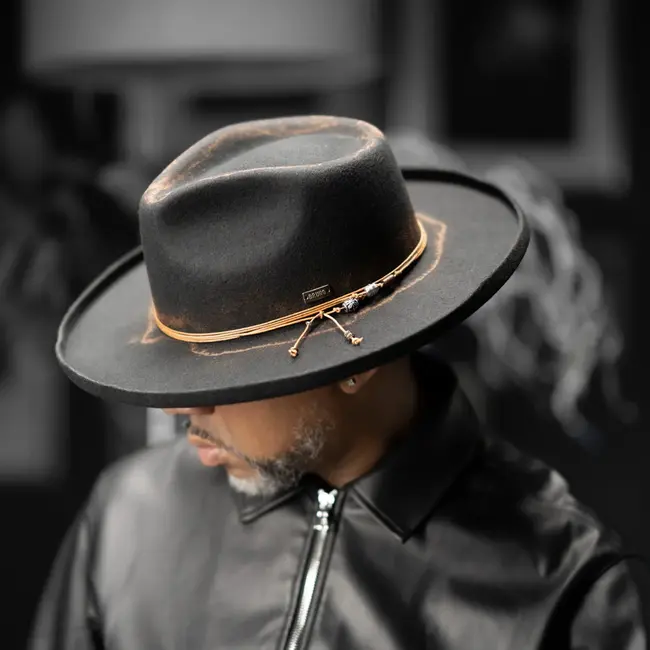 ORLEANS  WOOL FELT DISTRESSED FEDORA HAT WIDE PENCIL CURL