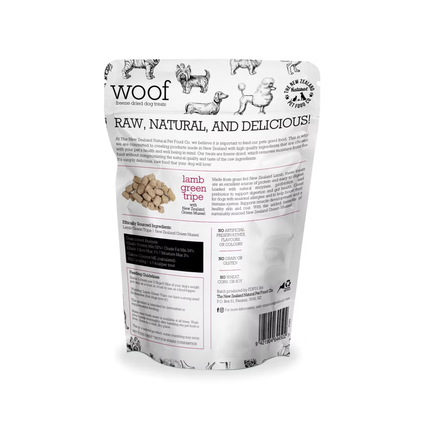New Zealand Pet Food Co. NZPF: WOOF: Freeze Dried Treats: Lamb Green Tripe & Green Lipped Mussels 40g