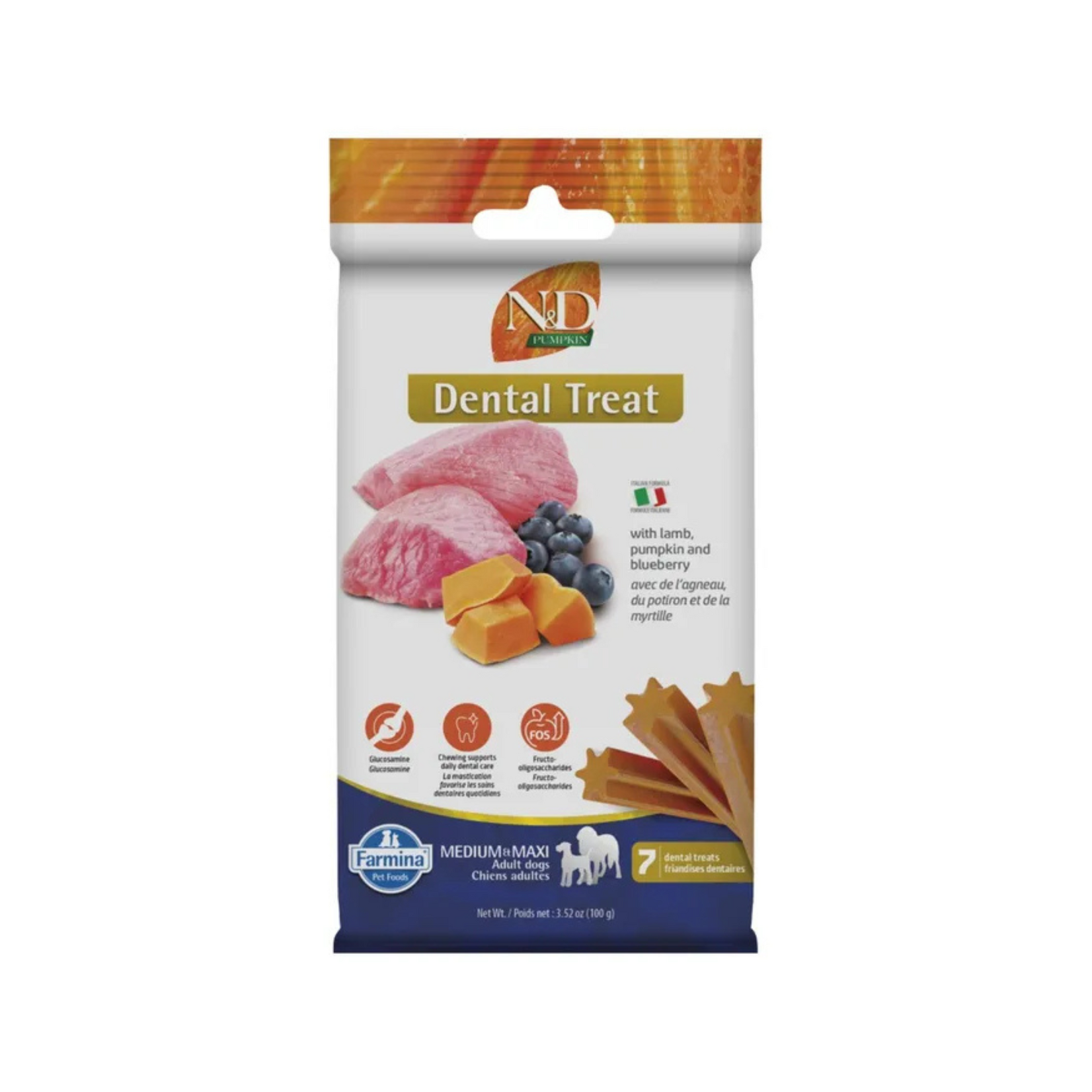 Farmina Farmina: N&D Pumpkin: Adult Medi/Maxi: Dental Treat: Lamb & Blueberry 100g