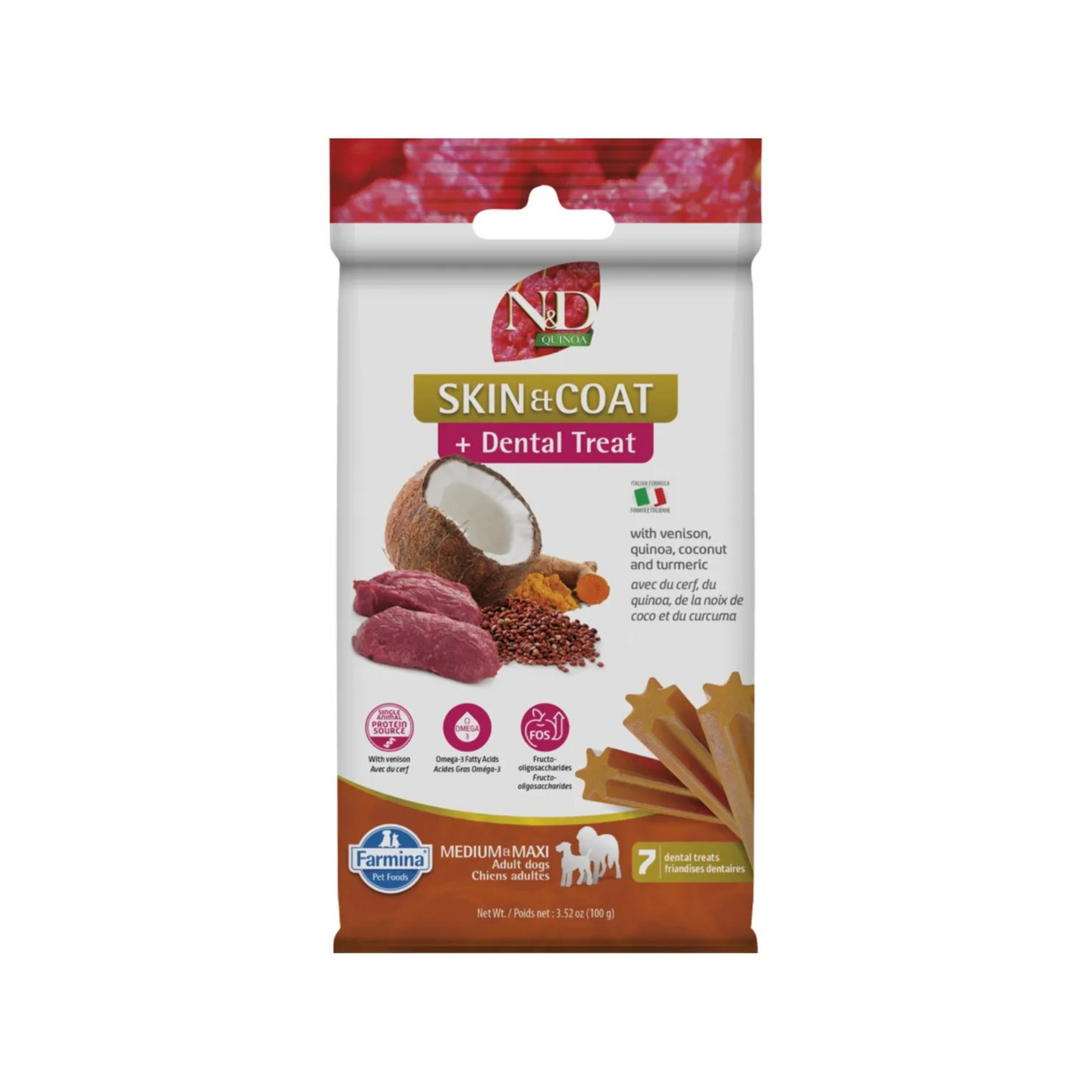 Farmina Farmina: N&D Quinoa: Adult Medi/Maxi: Dental Treat: Skin & Coat Venison 100g