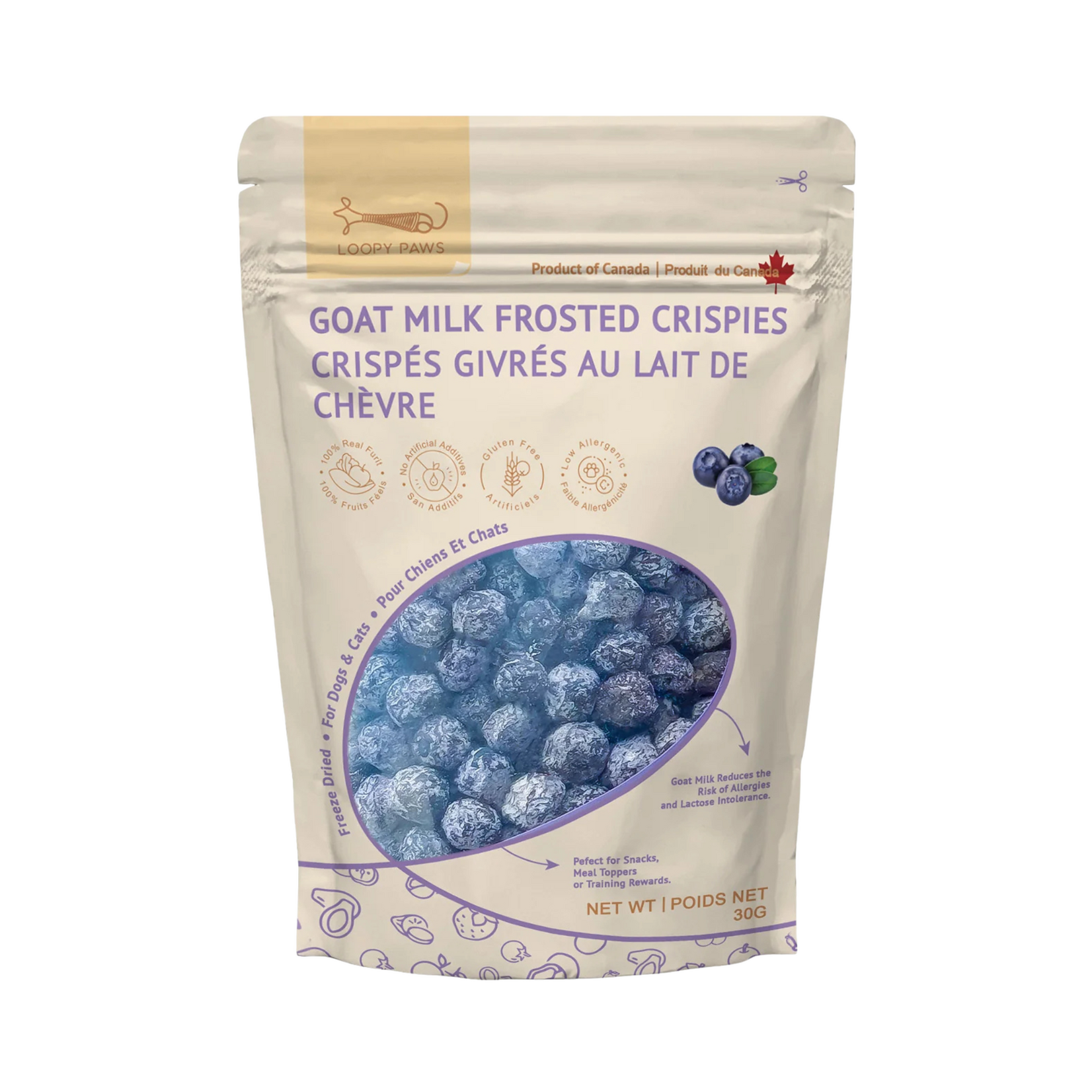 Loopy Paws Loopy Paws: Freeze-Dried Treats: Goat Milk Frosted Crispies Blueberry 30g
