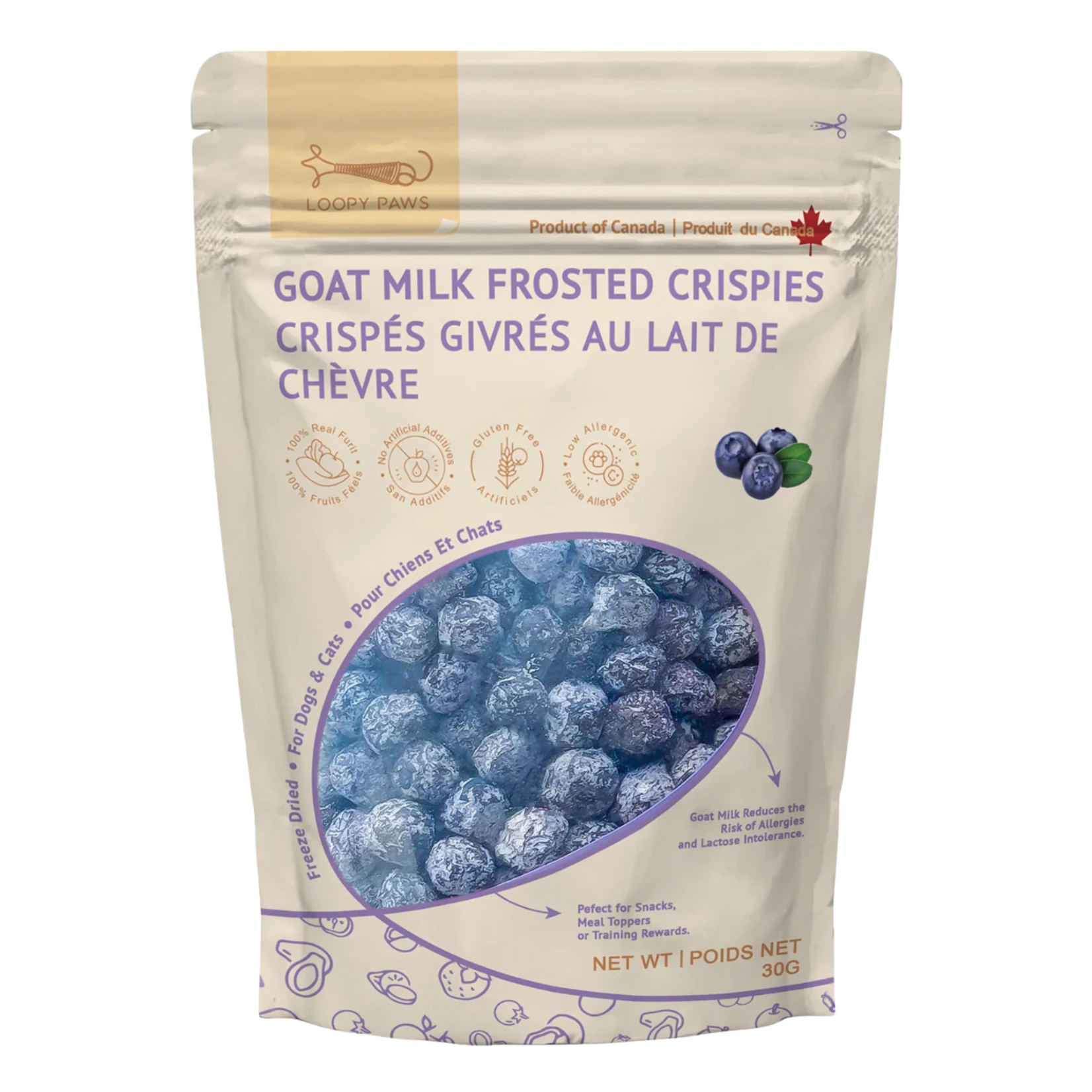 Loopy Paws Loopy Paws: Freeze-Dried Treats: Goat Milk Frosted Crispies Blueberry 30g
