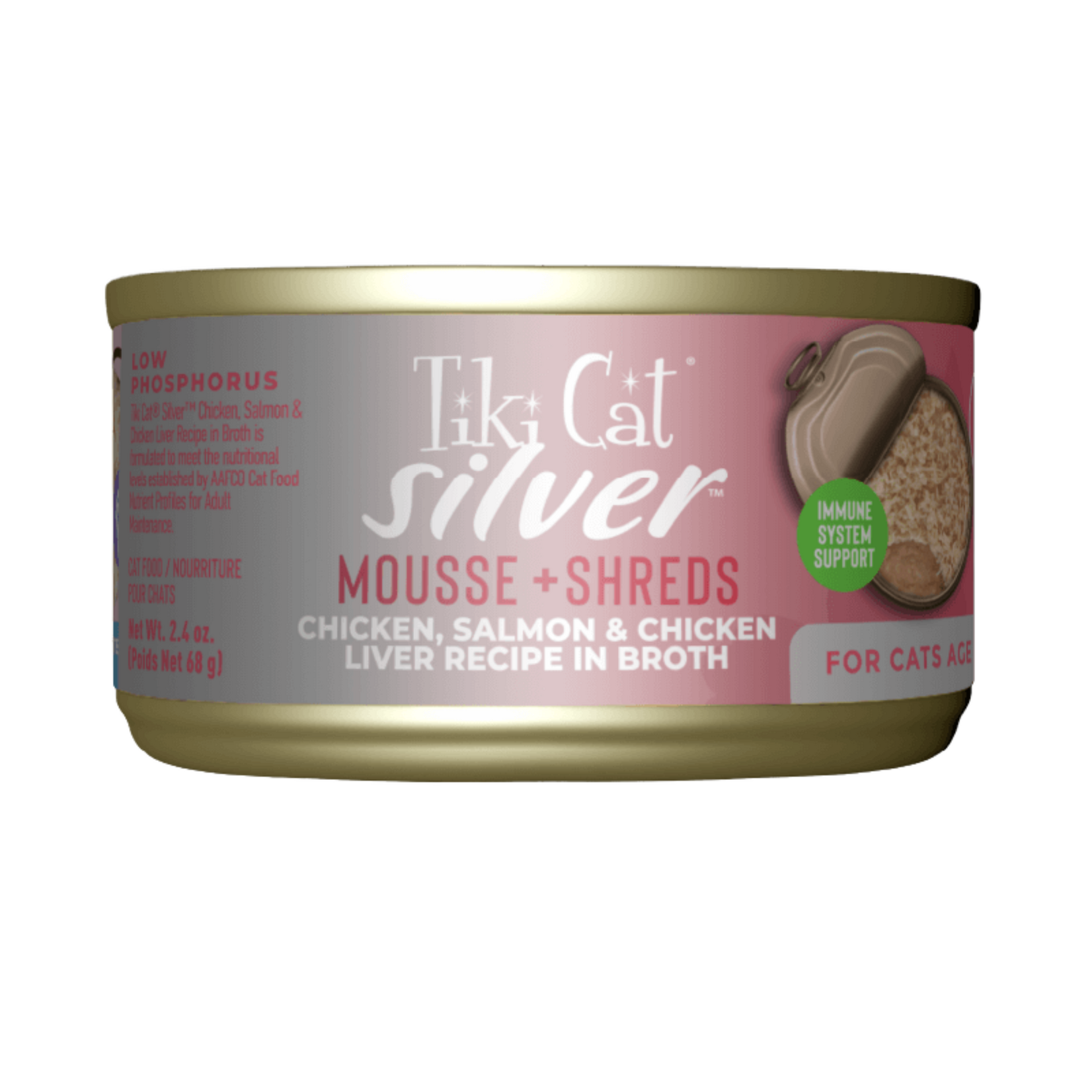 Tiki Cat Tiki Silver: Mousse & Shreds: Chicken, Salmon, Chicken Liver 2.4oz