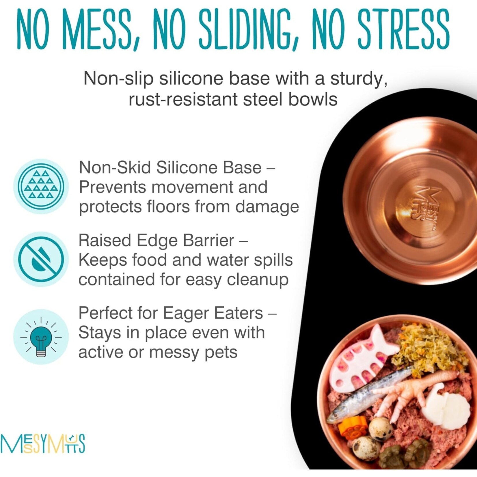 Messy Mutts Messy Mutts: Double Silicone Feeder: Stainless Copper Saucers