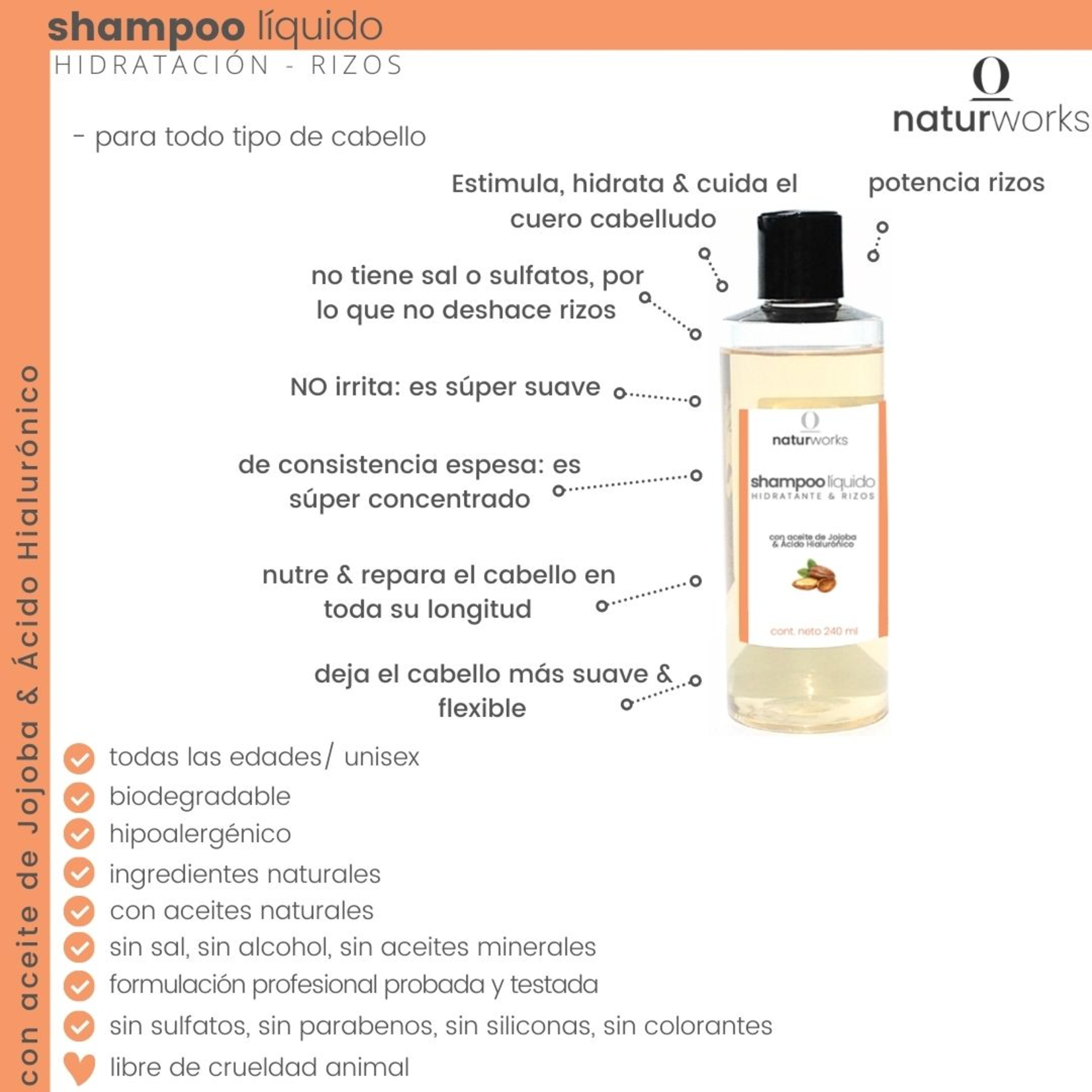 Naturworks Shampoo liquido Naturworks Hidratante y rizos con aceite de jojoba y acido hialuronico 240 ml