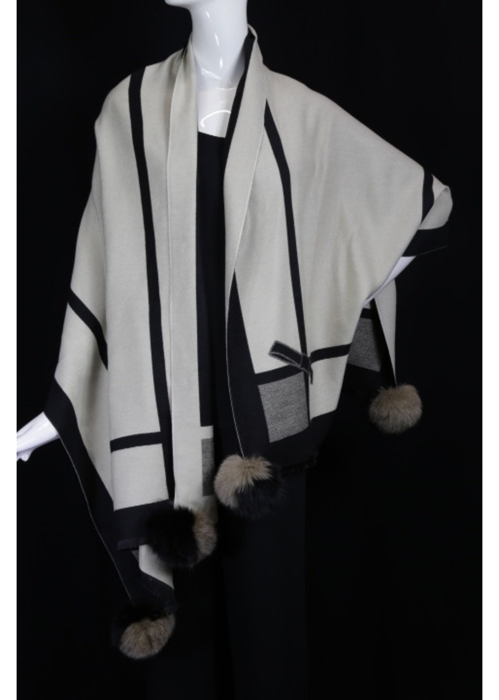 Shawl LF-TINA002-22 Reversible Black/Tan Woven Wrap W/Fox Fur Pom O/S