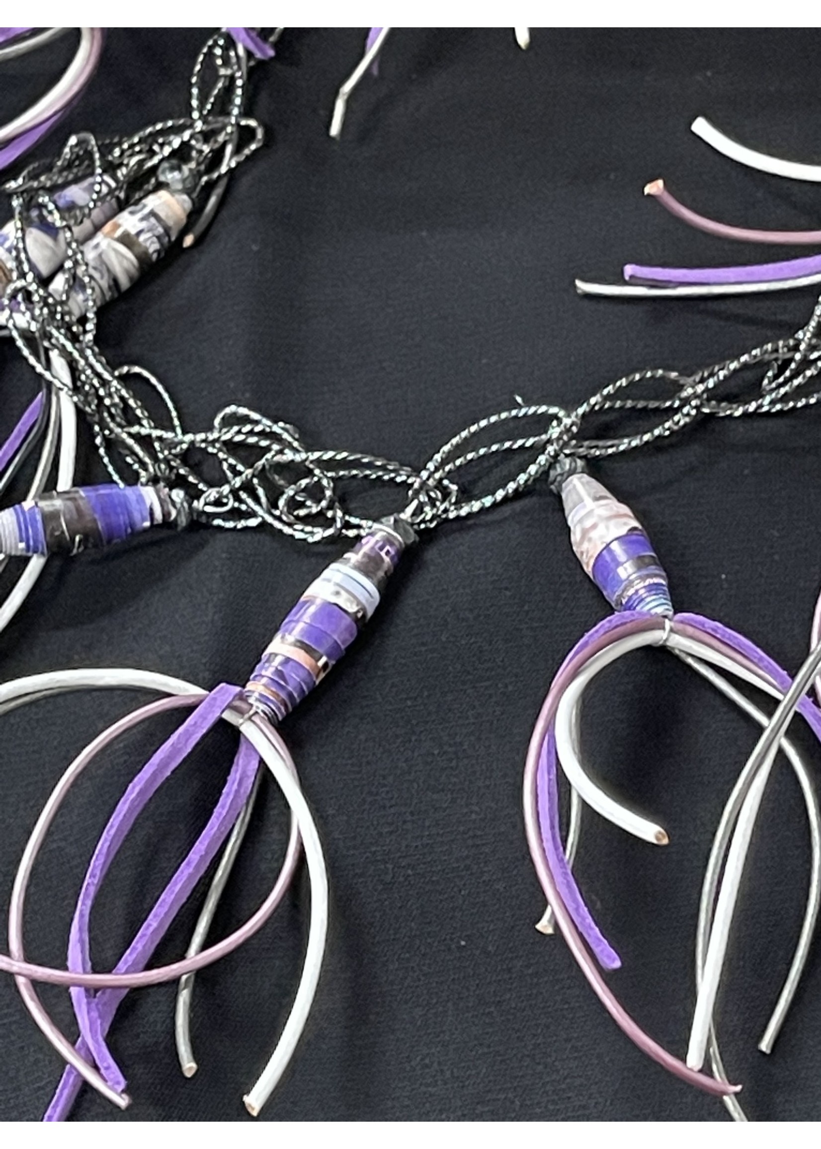 NECKLACE AC01-4764-22 Purple Magazine Tubes W/leather on gunmetal  chain Necklace