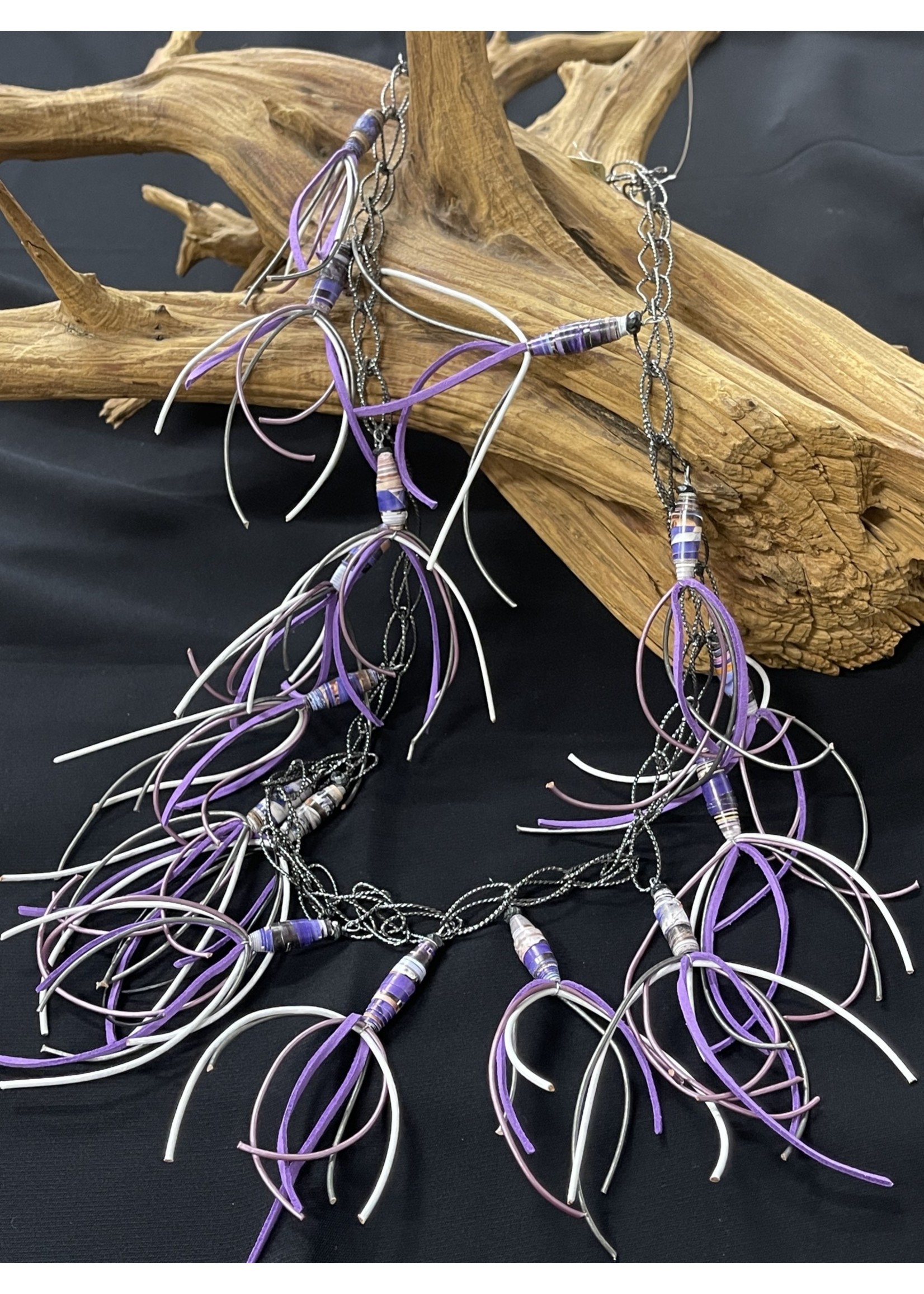NECKLACE AC01-4764-22 Purple Magazine Tubes W/leather on gunmetal  chain Necklace