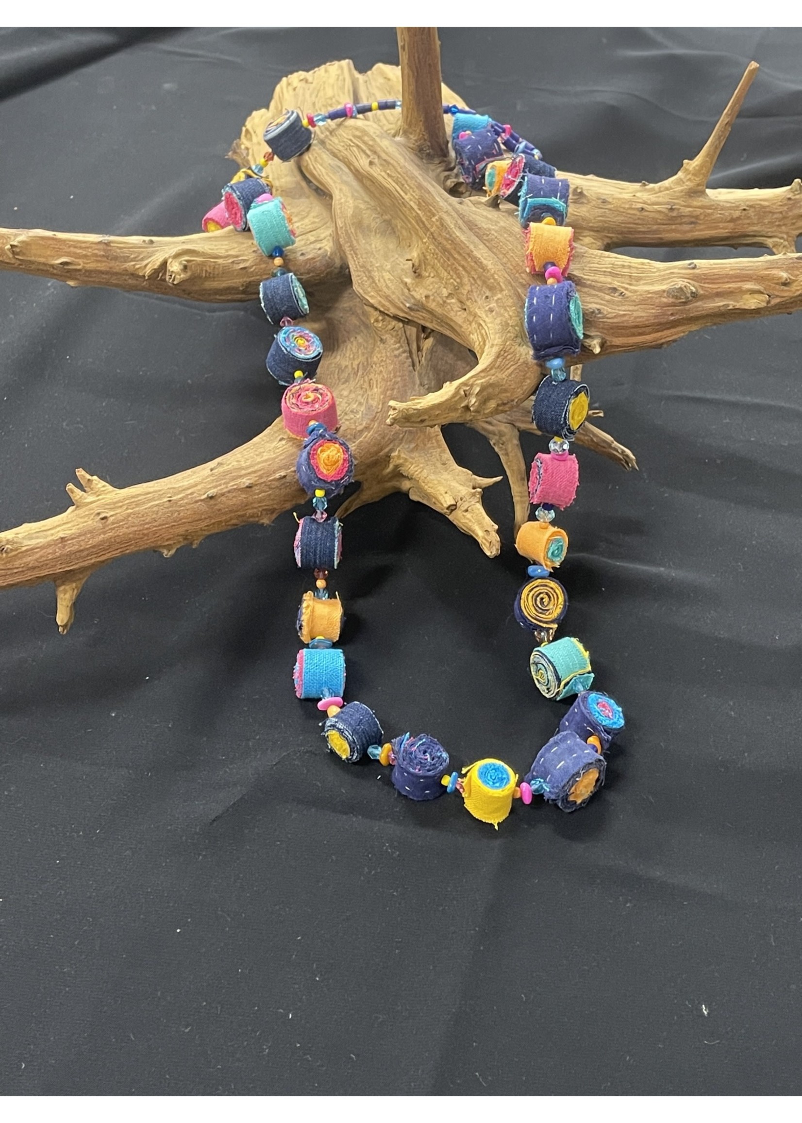 AC01-4748-22 Rolled multicolor khanta  & denim long necklace