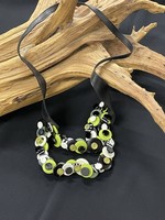 NECKLACE AC01-4731-22 lemon green, black & white buttons on black leather necklace