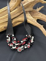 NECKLACE AC01-4730-22 black, red & white button necklace on black leather