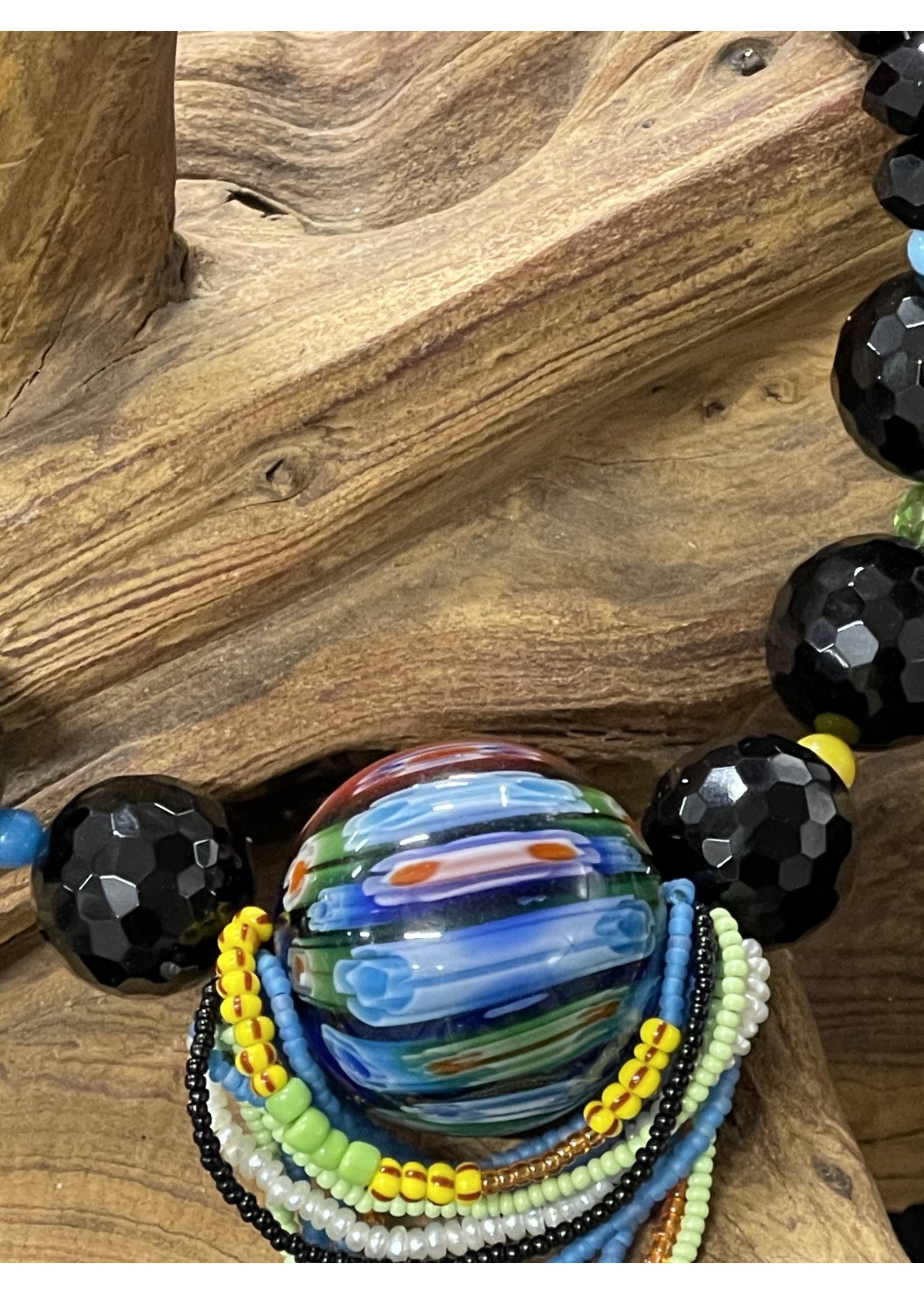 NECKLACE AC01-4721-22 Onyx & Multicolor Glass bead Necklace