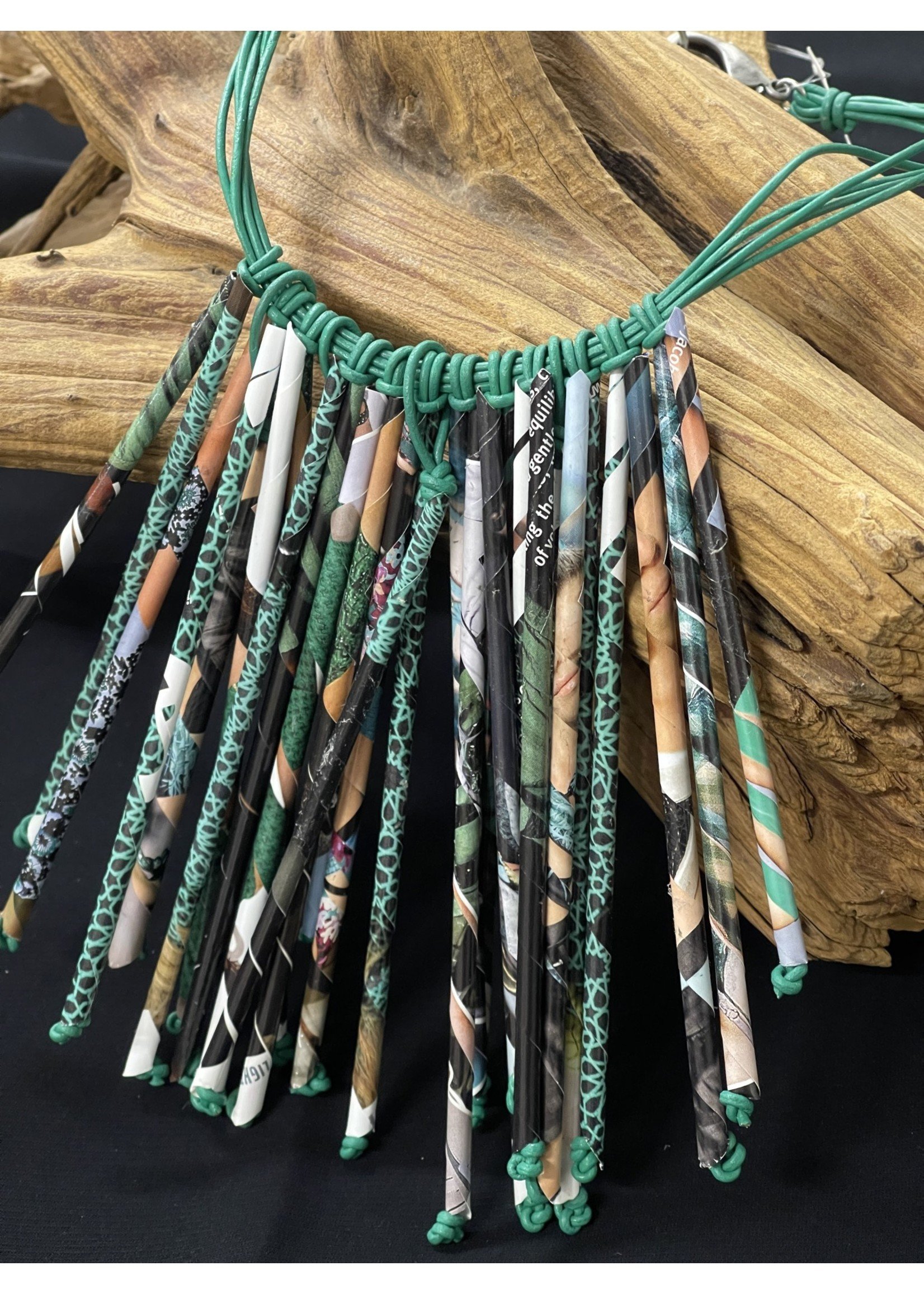 NECKLACE AC01-4793-22Green Teal Magazine Paper tubes on green leather necklace