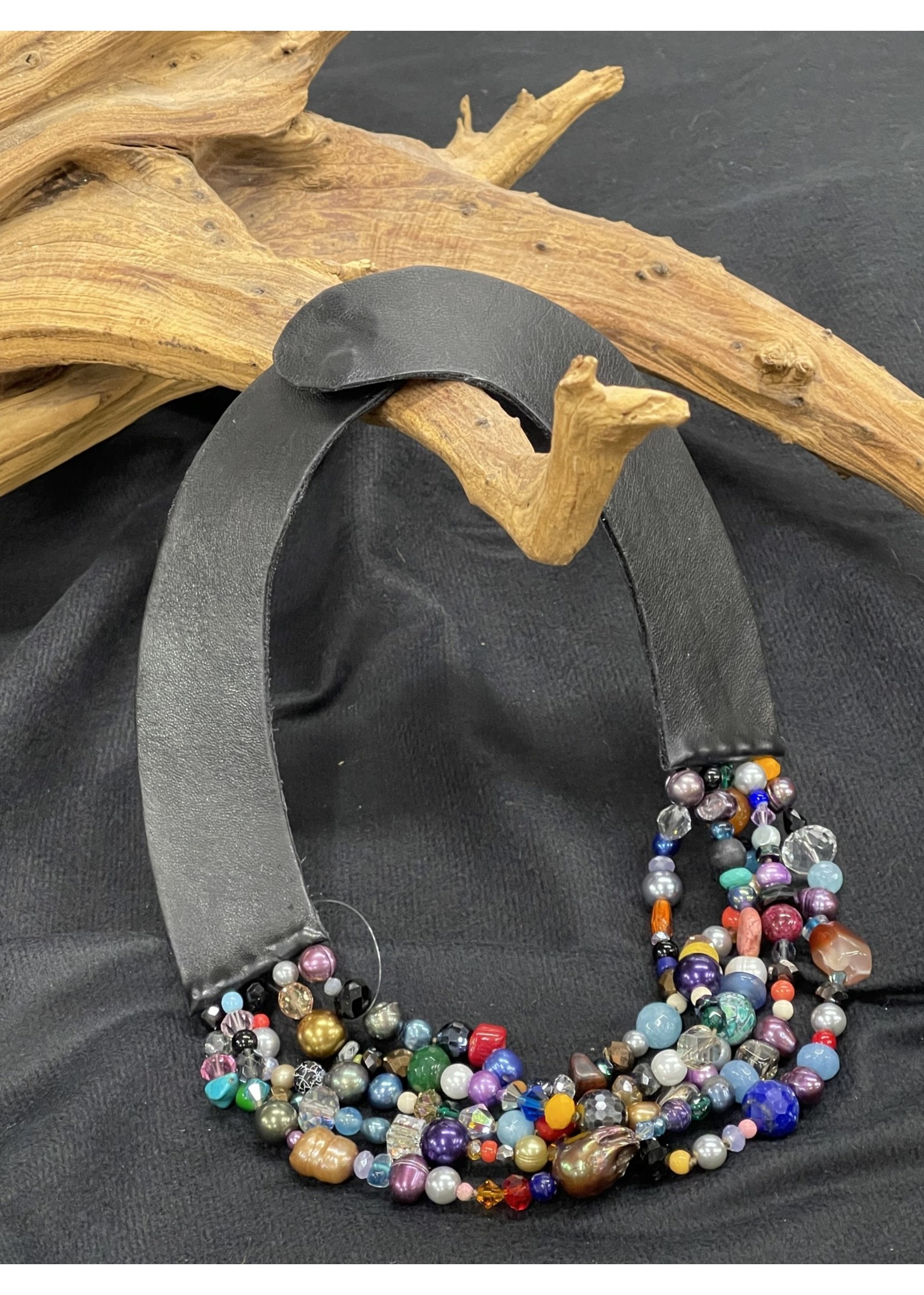 AC01-4458-20.  Black Leather & multicolor beads necklace