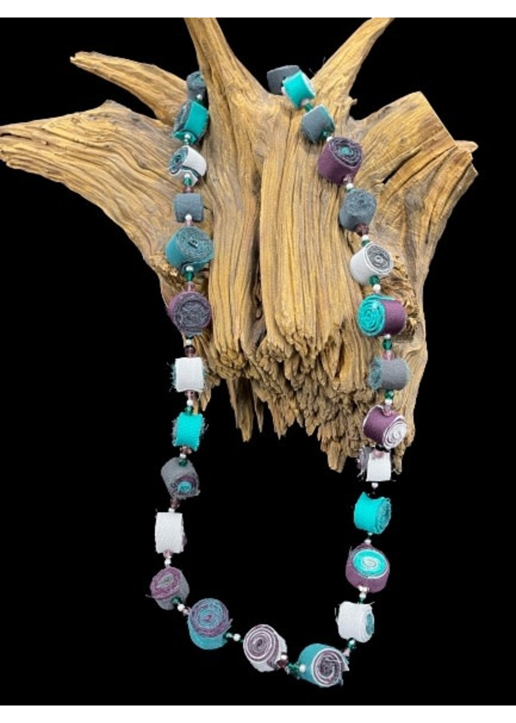 AC01-4457-20 Teal,purple & gray rolled cloth long Necklace