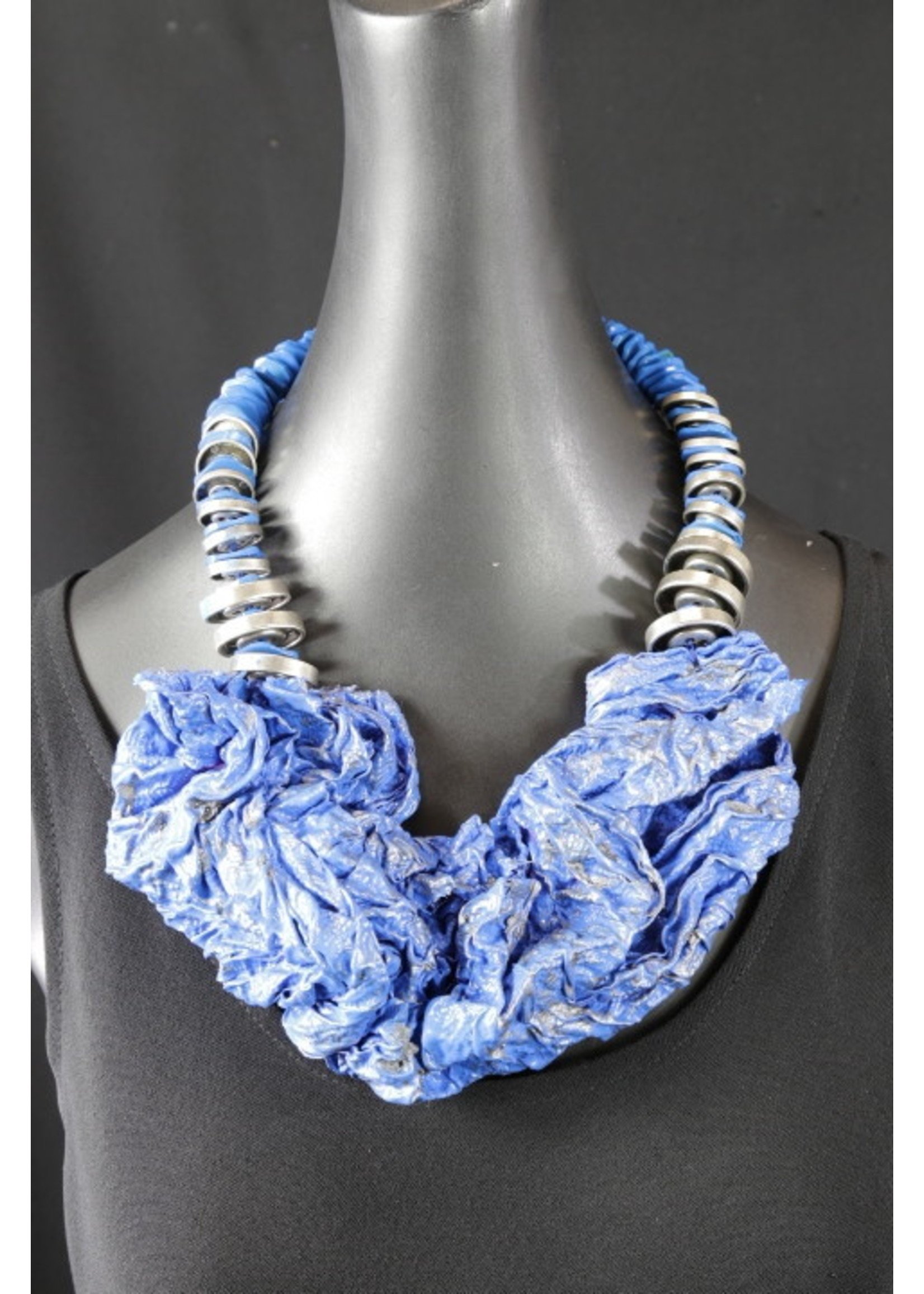 AC01-4551-21 Blue Tyvek & Silver Artistic Necklace