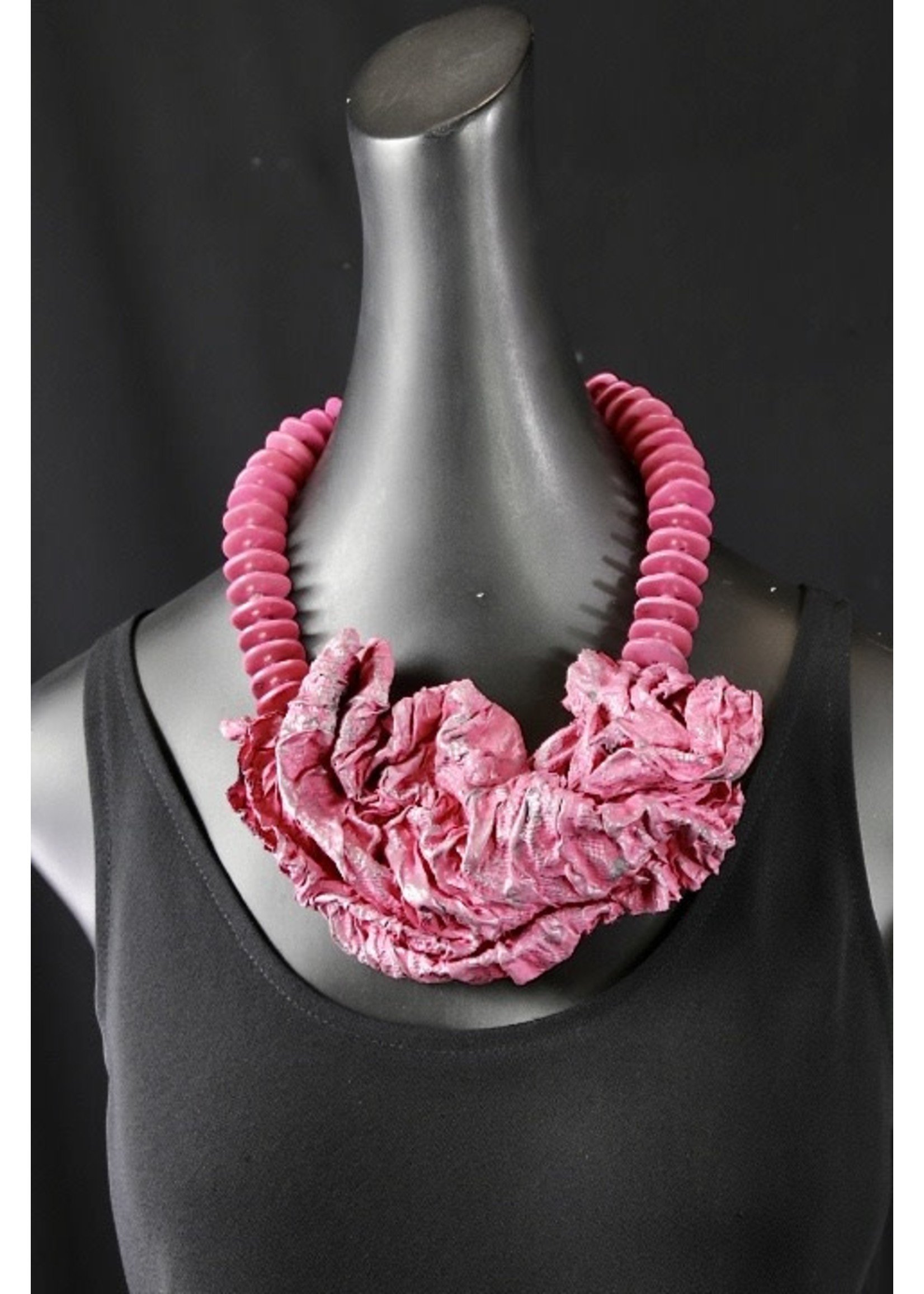 AC01-4550-21 Pink Tyvek & buttons Artistic Necklace