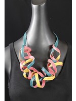 AC01-4535-20 Teal, pink & mustard curly leather Necklace
